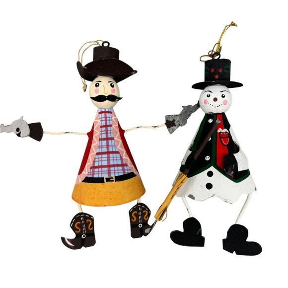 Cowboy & Snowman Metal Christmas Ornaments Hand-Painted Rustic Holiday Set Of 2 - Picture 1 of 9